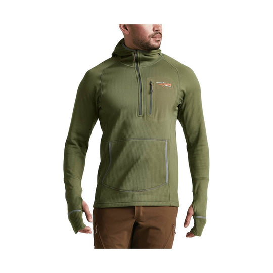 Olive green hooded quarter-zip pullover with chest pocket and thumbholes