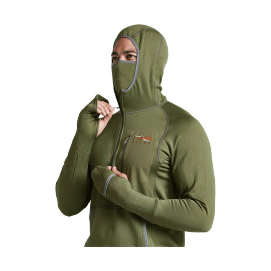 Olive hooded zip-up performance top with built-in face covering and thumb holes
