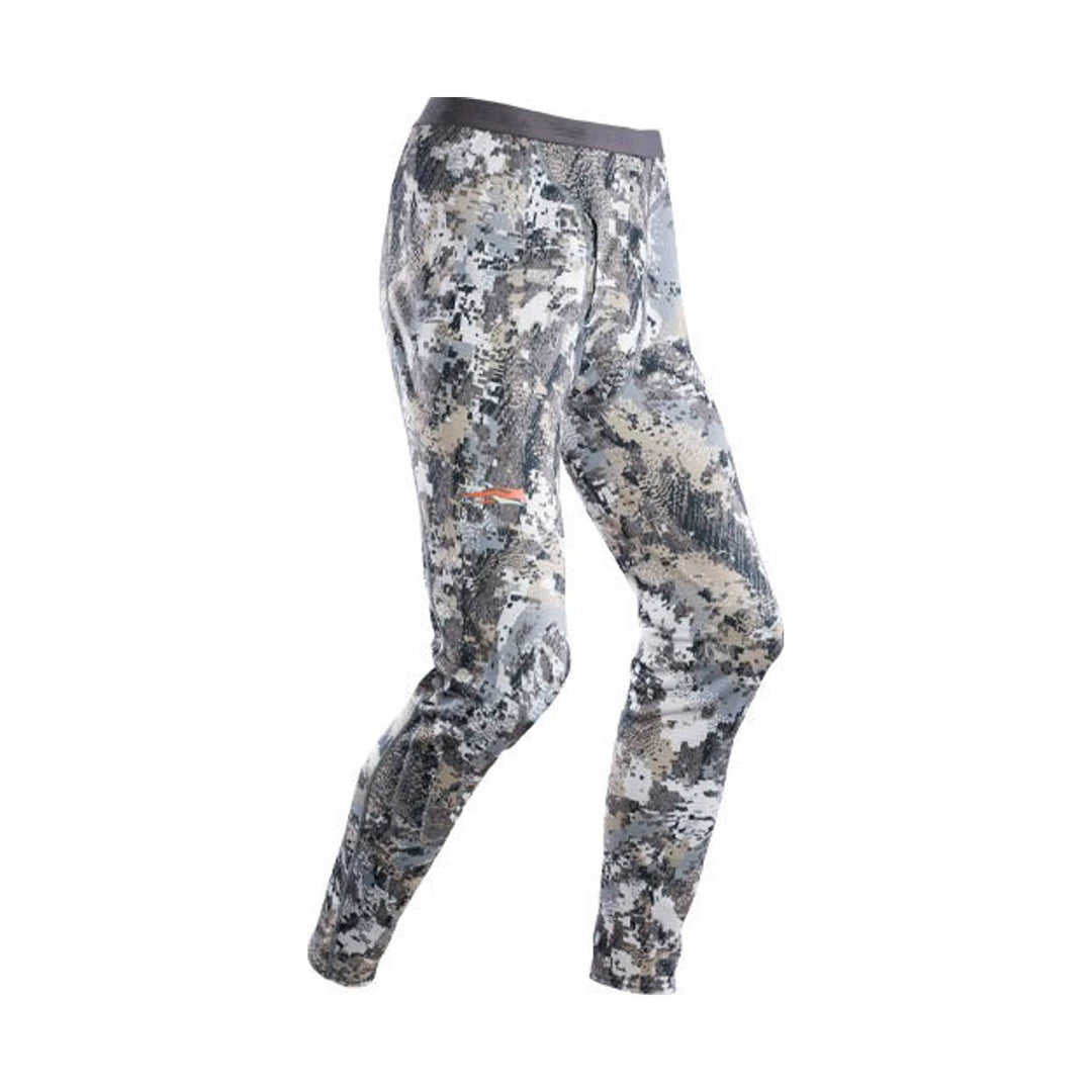 Gray camouflage thermal pants with a dark elastic waistband