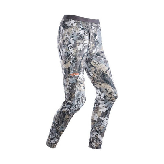 Gray camouflage thermal pants with a dark elastic waistband