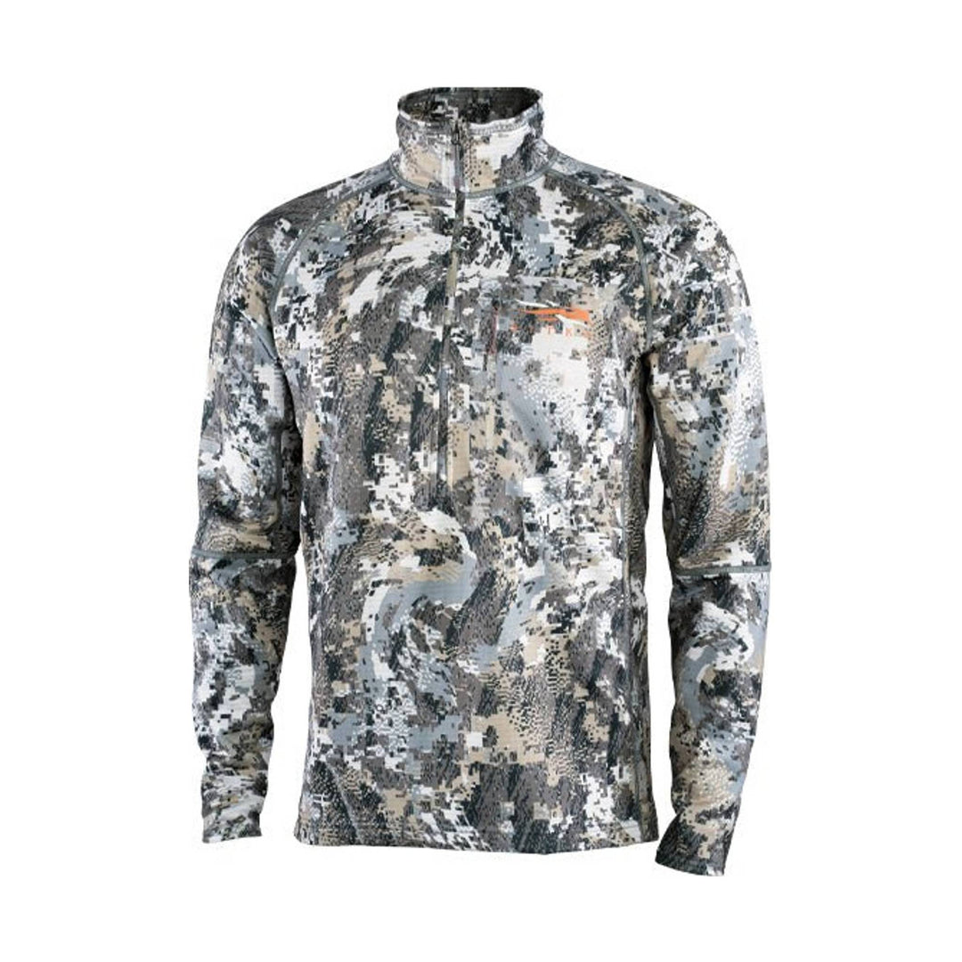 Gray, white, and tan camouflage quarter-zip long-sleeve top with a stand collar