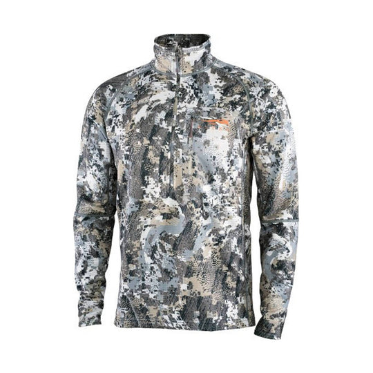 Gray, white, and tan camouflage quarter-zip long-sleeve top with a stand collar