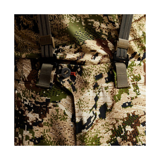 Camouflage cargo pant with adjustable suspenders and front button closure