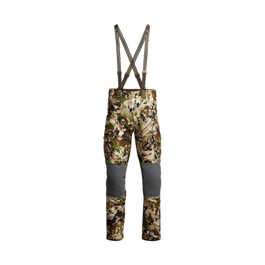 Camouflage hunting pants with gray knee panels and suspenders
