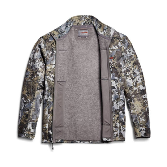 Camouflage zip-up jacket with gray fleece lining and stand collar