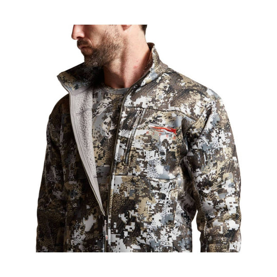 Camouflage zip-front jacket with high collar, chest pocket, and logo on the chest