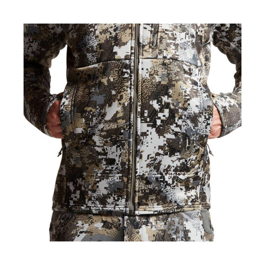 Camouflage zip-front jacket with hand pockets and matching pants