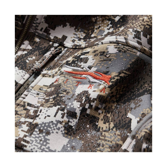 Camouflage hooded jacket with front zipper and embroidered chest logo