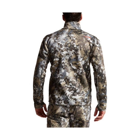 Camo long-sleeve zip-up jacket shown from the back