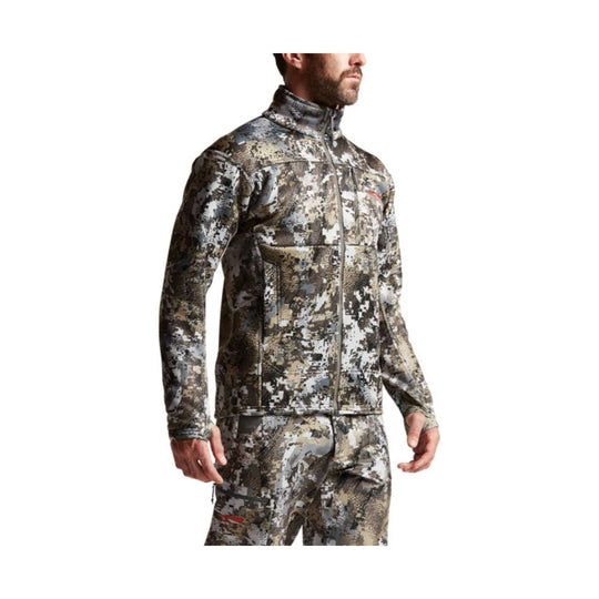 Camouflage zip-up jacket with high collar and long sleeves, shown on a male model