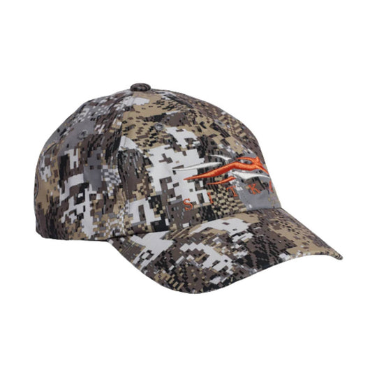 Camouflage baseball cap with an orange logo and gray embroidered text on the front