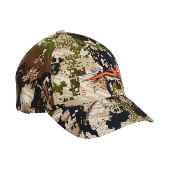 Camouflage baseball cap with an embroidered bird logo and partial SITKA text