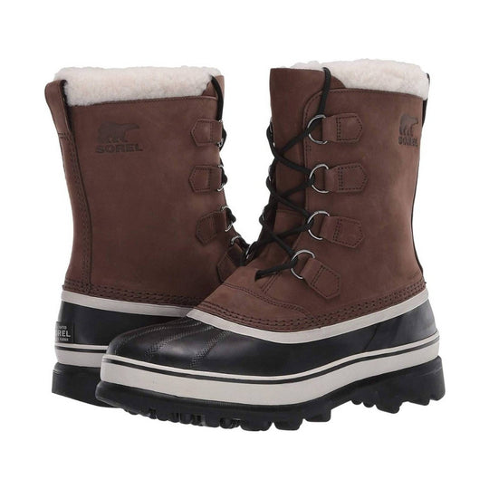 Brown lace-up winter boots with black rubber lowers, white fleece cuffs, and side buckles
