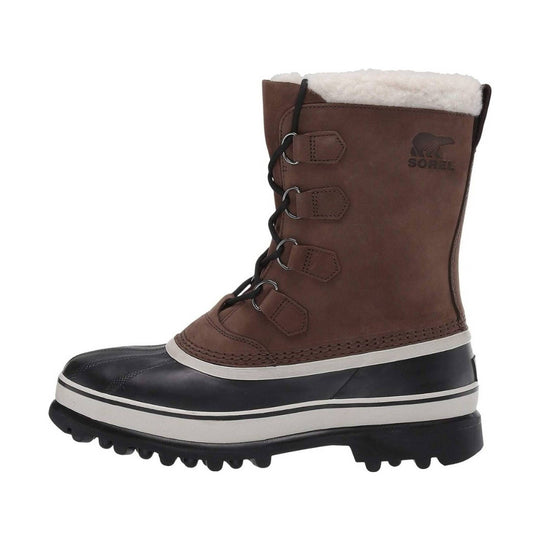 Brown winter boot with black rubber toe and sole, white fleece cuff, and side laces