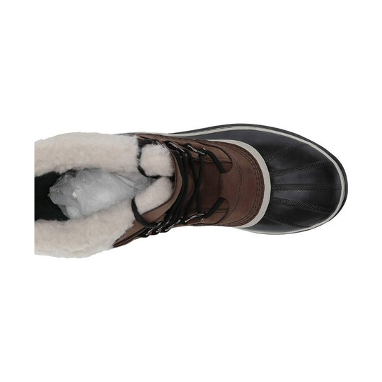 Brown winter boot with white faux-fur lining, black laces, and a black rubber toe cap, shown from above
