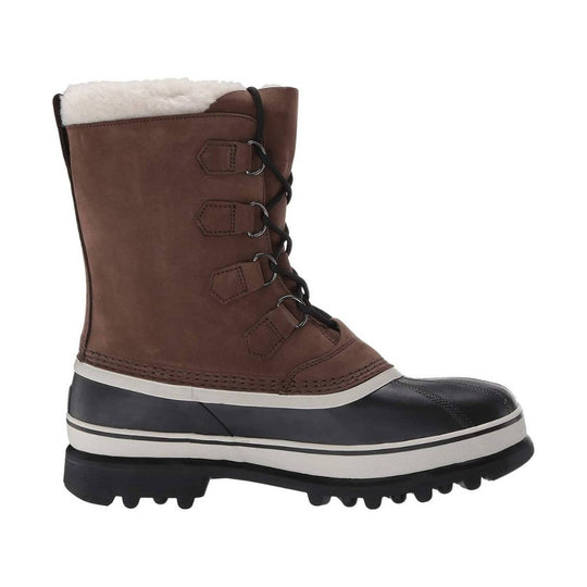 Brown lace-up winter boot with white faux-fur collar, black rubber lower, and chunky lug sole
