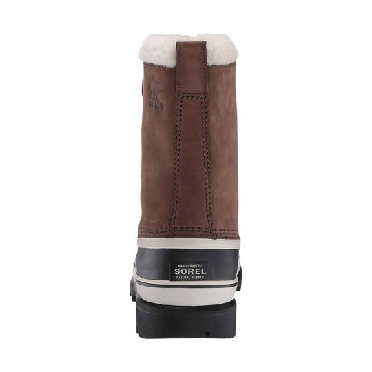 Brown shearling-lined winter boot with black rubber sole, rear view