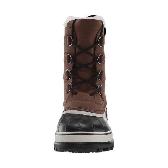 Brown winter boot with black laces, faux-fur lining, and a black rubber toe and sole