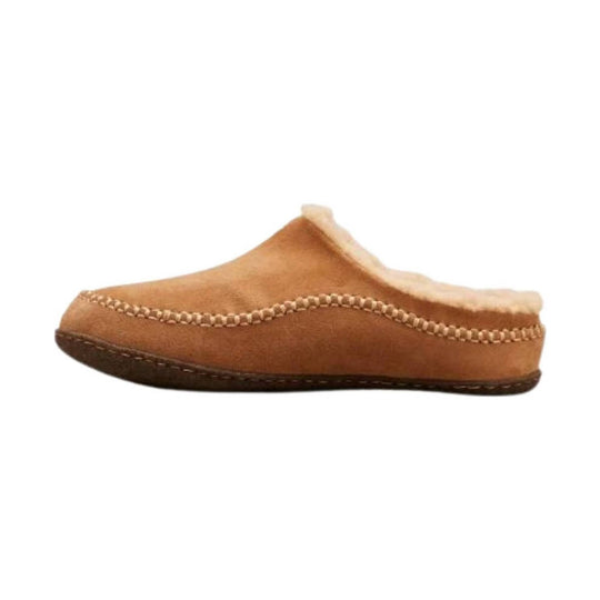 Tan suede slip-on slipper with cream shearling lining and a dark rubber sole