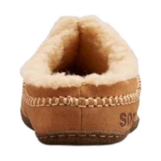 Tan shearling-lined slipper boot viewed from the back with a stitched heel and visible SOREL branding