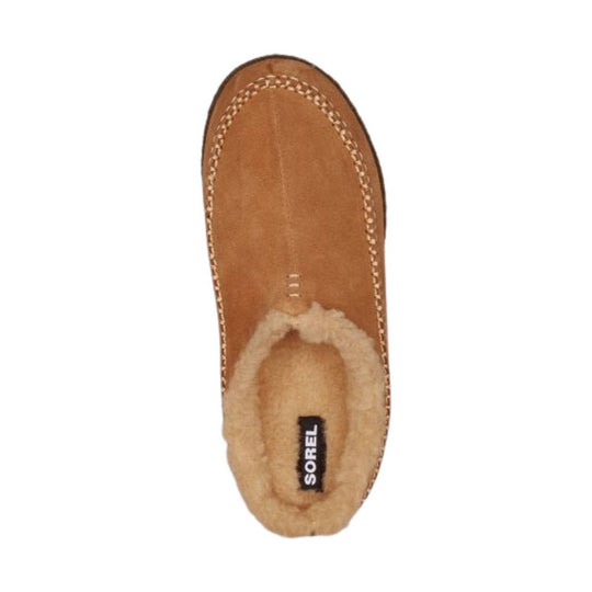 Tan suede slipper with faux-fur lining and a SOREL tag