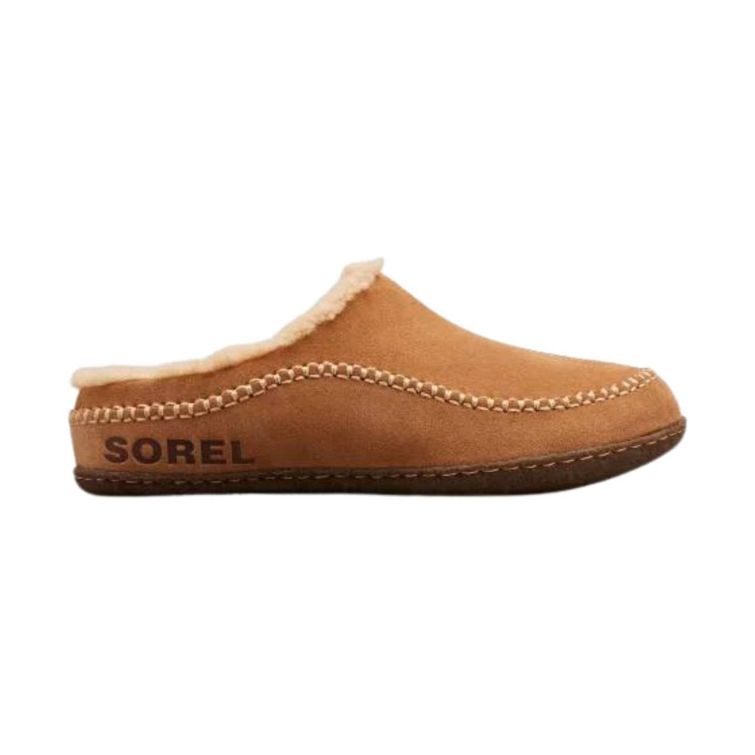 Tan suede slipper with cream shearling collar and dark sole, side view