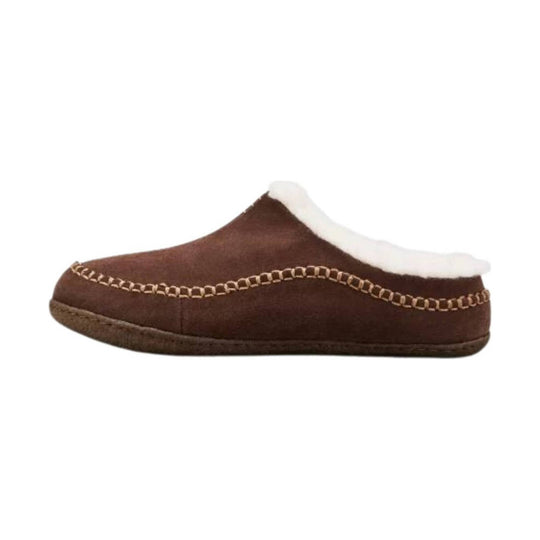 Brown suede slipper with white faux-fur collar and stitched sole