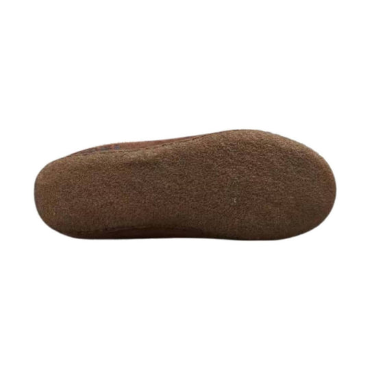 Brown suede slipper in side profile with a rounded toe