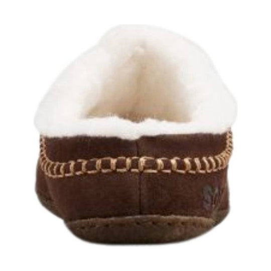 Brown suede slipper with cream fleece lining and braided trim, rear view