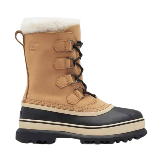 Tan and black winter boot with faux-fur cuff, lace-up front, and thick treaded sole