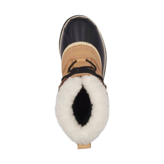 Tall winter boot with black rubber foot, tan upper, black laces, and white faux-fur cuff