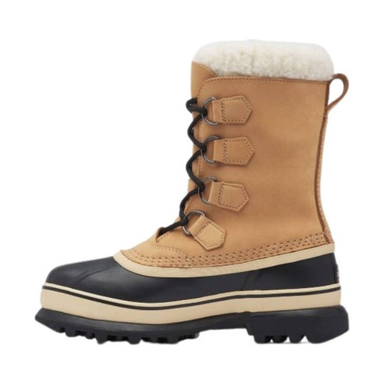 Tan insulated winter boot with black rubber toe and sole, black bungee laces, and white fleece cuff