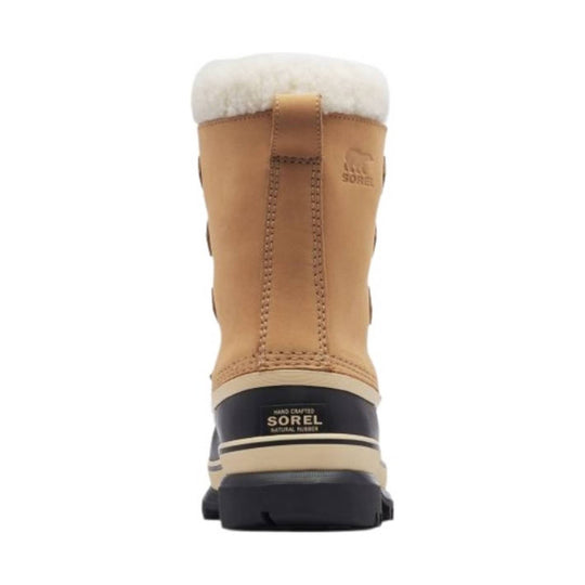 Tan winter boot with white faux-fur cuff, rear seam, and black rubber sole