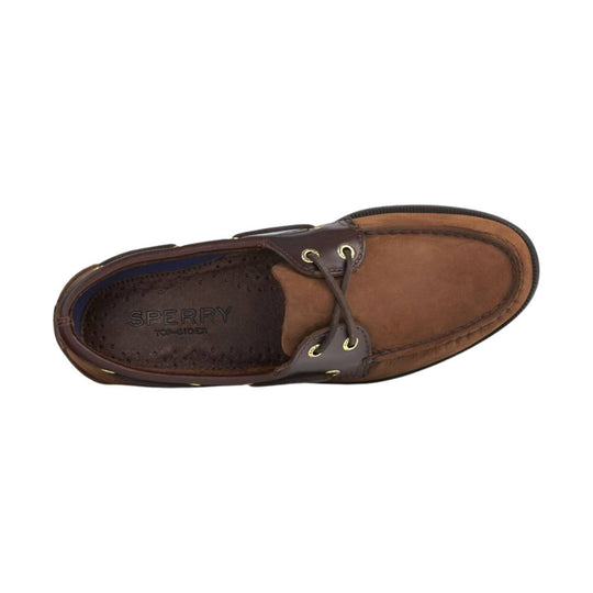 Brown and tan boat shoe with laces, top view