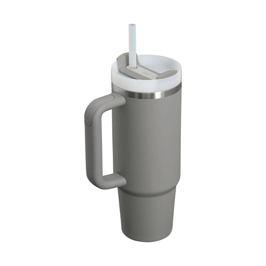 Gray insulated tumbler with handle, white lid, and straw