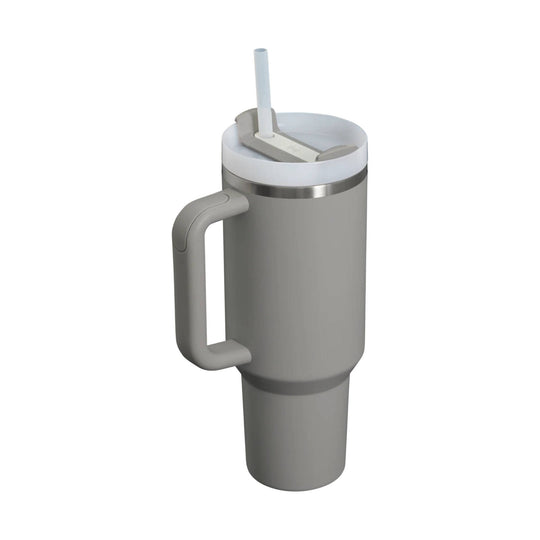 Gray handled tumbler with a clear lid and straw