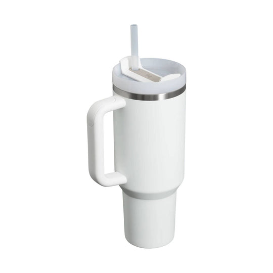 White insulated tumbler with handle and straw lid