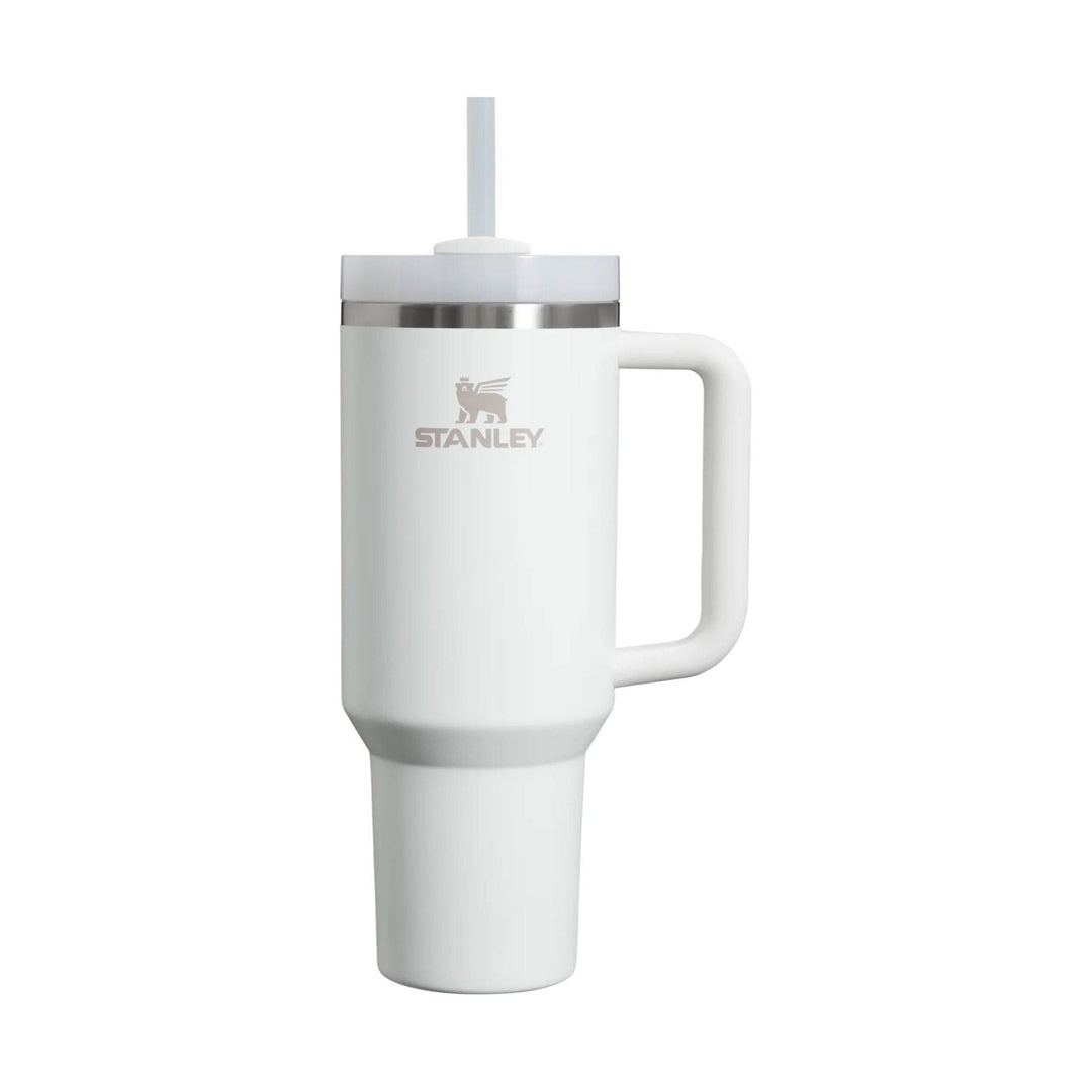 White handled stainless steel tumbler with straw lid and Stanley logo