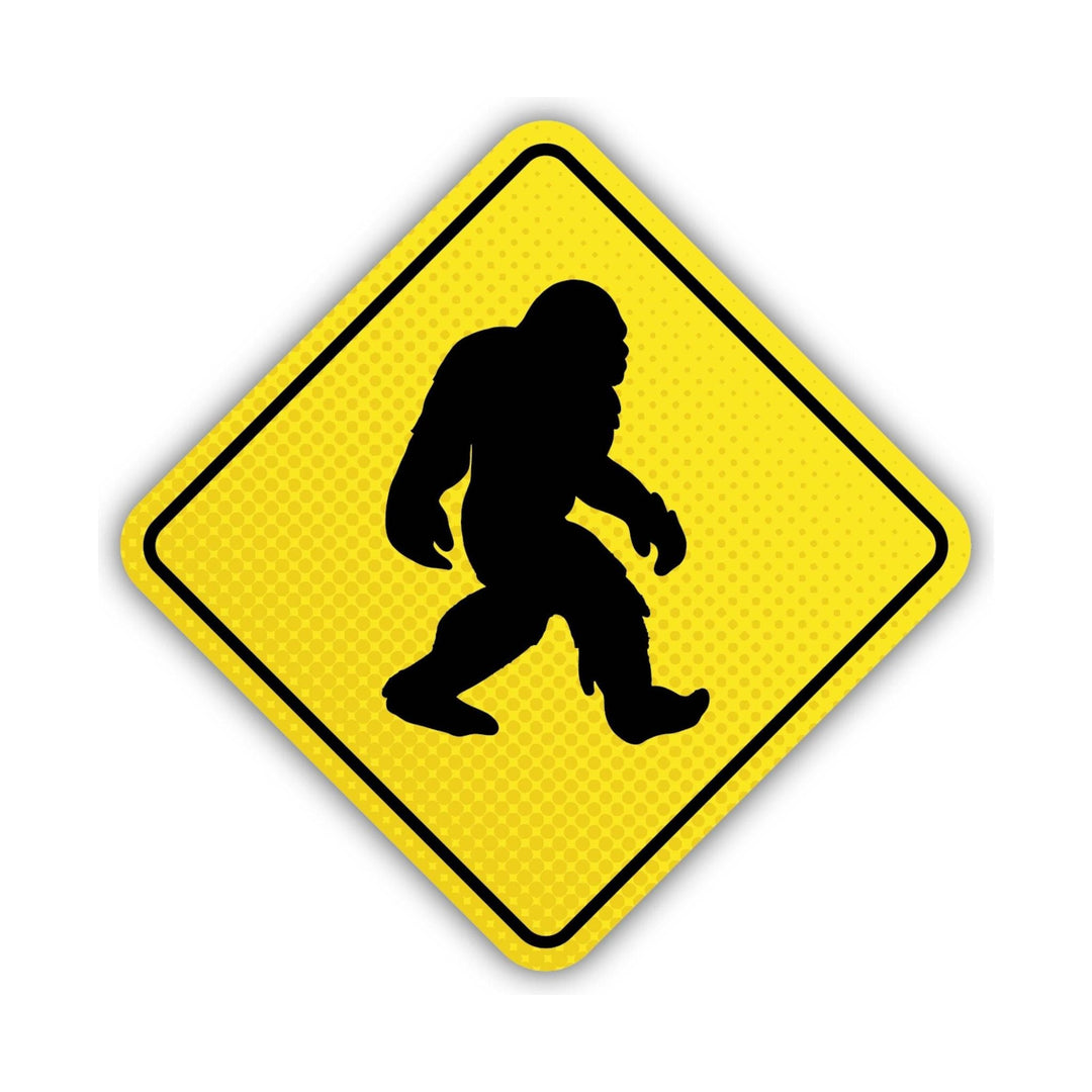 Yellow diamond warning sign with a black Bigfoot silhouette