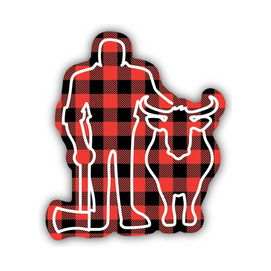 Buffalo plaid sticker of a lumberjack and ox silhouette with white outline