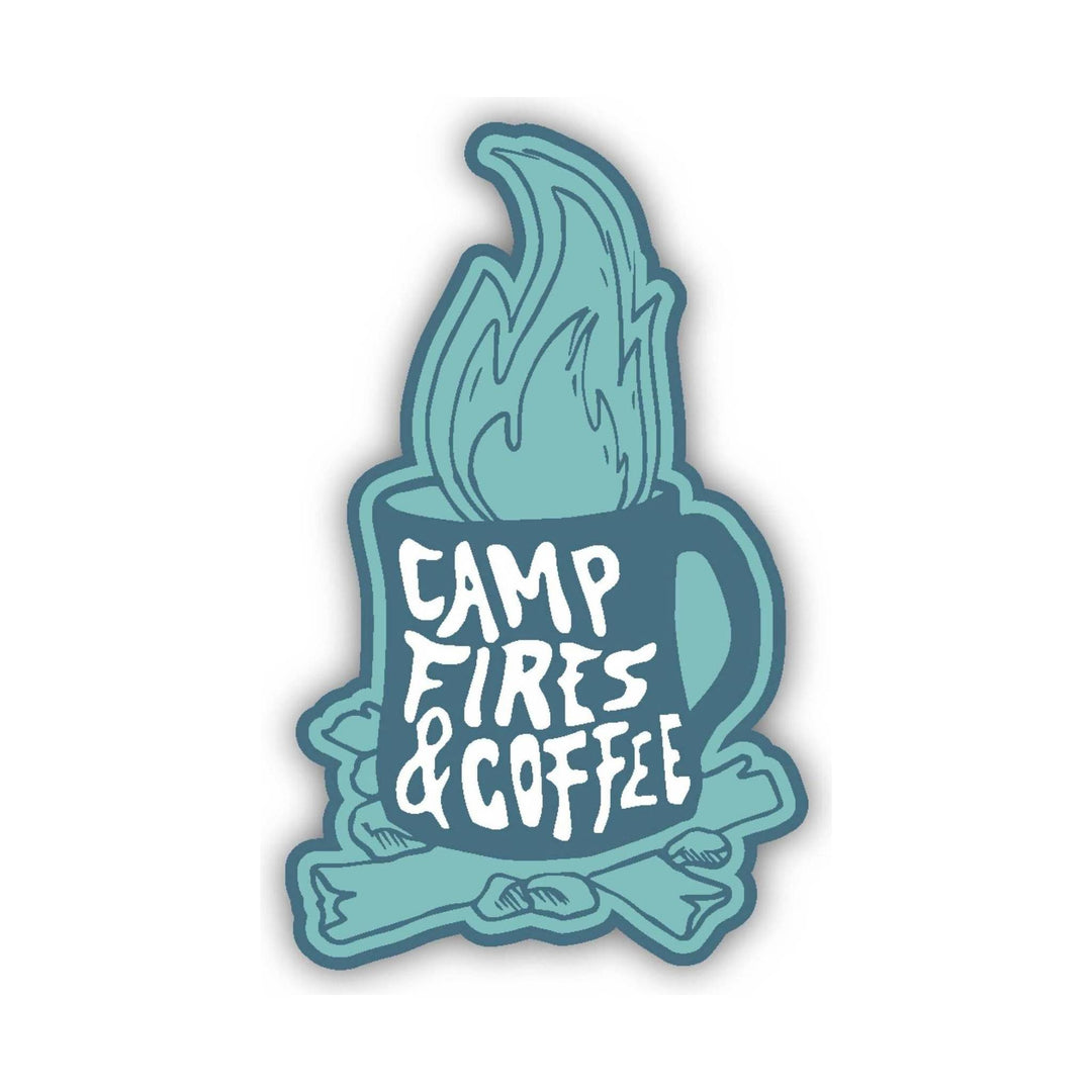 Campfires and coffee sticker with a mug holding a flame