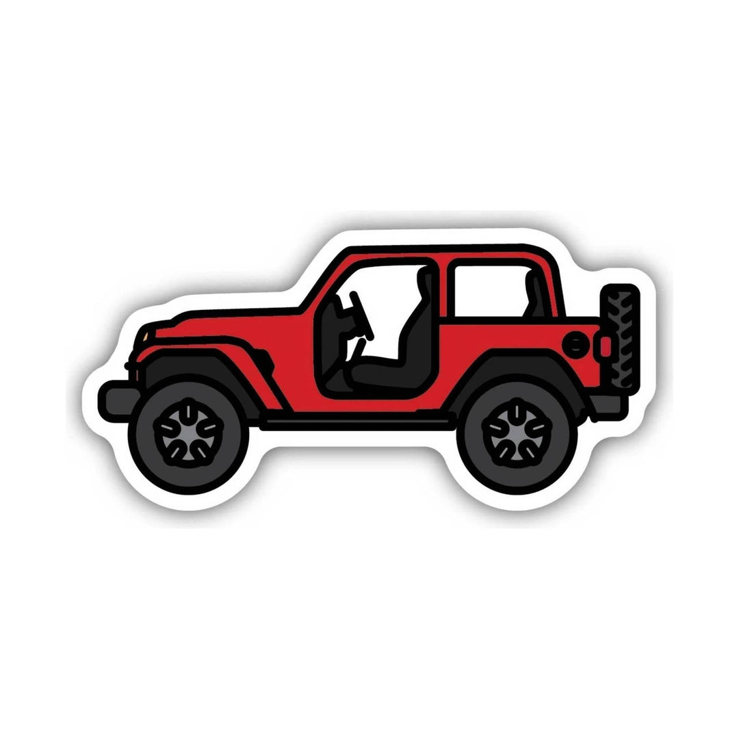 Red two-door Jeep-style off-road vehicle sticker with black wheels and white outline