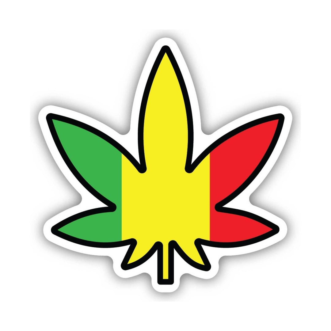 Cannabis leaf sticker with green, yellow, and red vertical stripes and a black outline