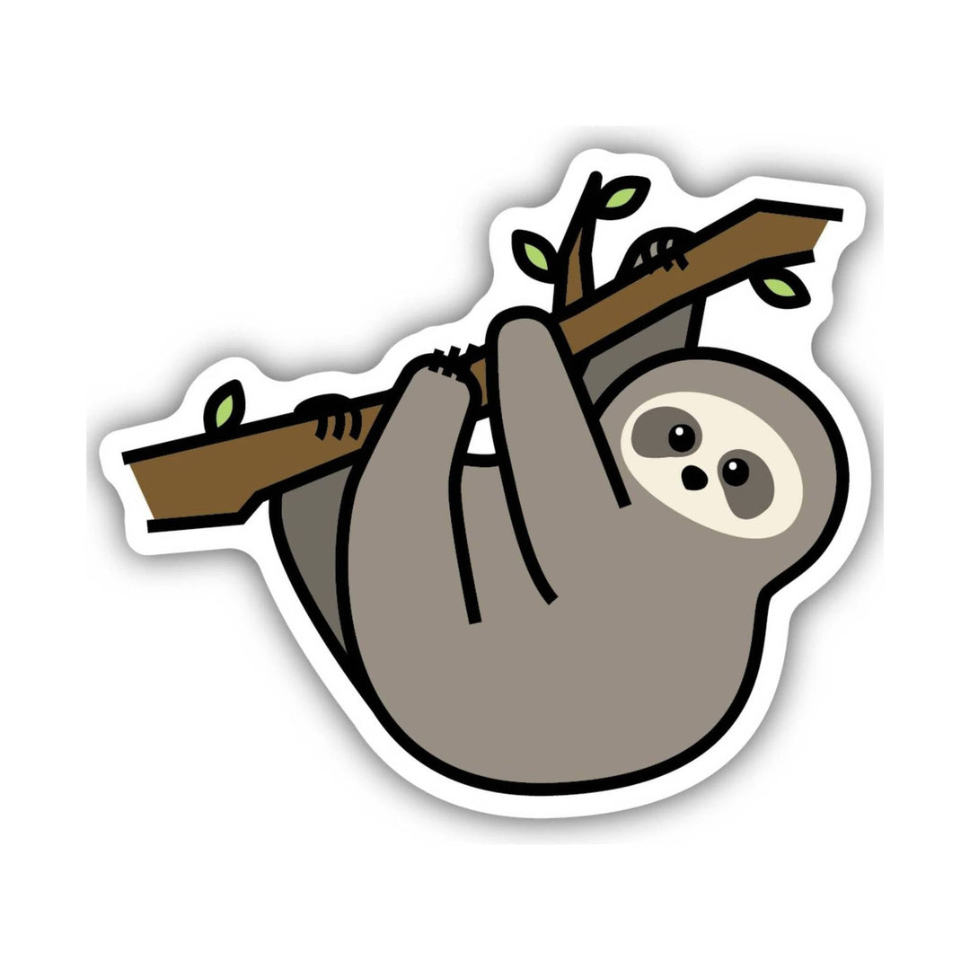 Cartoon sloth hanging from tree branches with green leaves
