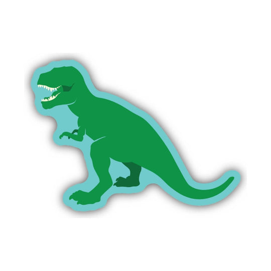 Green dinosaur sticker with a light blue outline and gray drop shadow