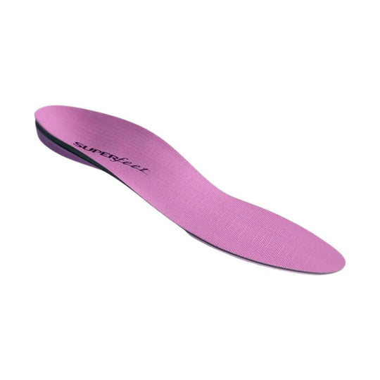 Pink contoured insole with visible SUPERfeet logo on top