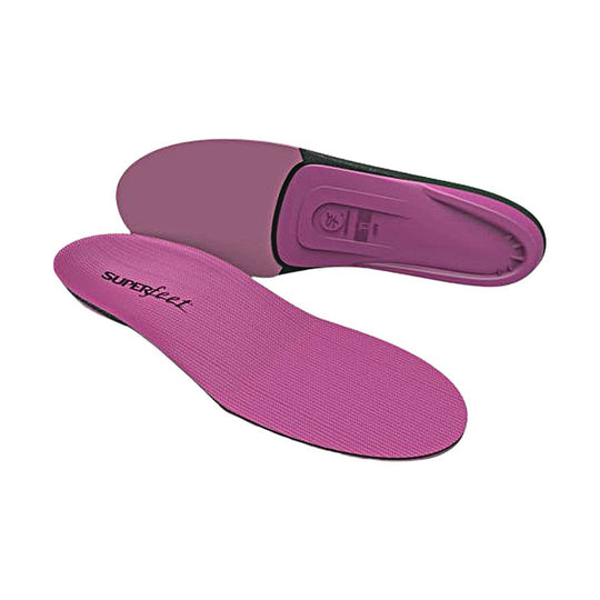 Pink orthotic shoe insoles shown top and underside