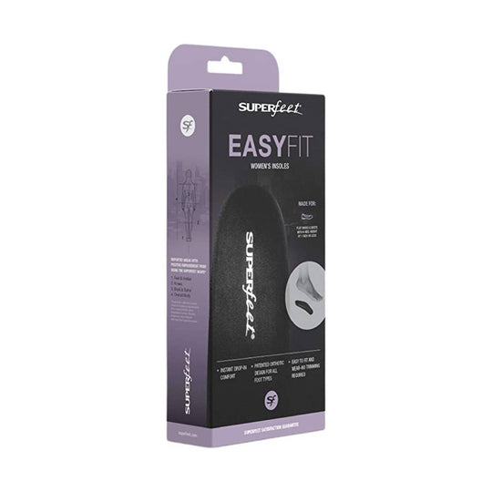 EasyFit women's insoles box with a black front, lavender sides, and a large insole graphic