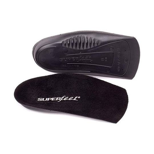 Black contoured shoe insole with textured underside and Superfeet logo