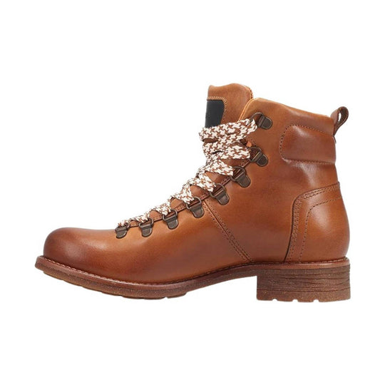 Camel leather ankle boot with braided laces, metal hooks, and a low stacked heel
